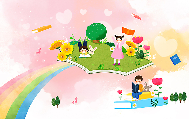 전신 PSD 나무 여자 남자 꽃 어린이 엎드리기 무지개 일러스트 앉기 소녀 소년 책 세명 독서 만세 하트 토끼 읽기 토끼캐릭터 어린이만 국내일러스트 자연요소 모양 식물 동물캐릭터 포유류 모션 사람 반려동물 파일형식