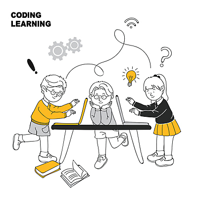 전신 여자 어린이교육 남자 어린이 일러스트 전구 서기 소녀 소년 책 세명 노트북 노란색 물음표 느낌표 책상 톱니바퀴 꽃받침 어린이만 안경낌 코딩 국내일러스트 AI파일 기호 교육 안경 컬러 가구 모션 사람 손짓 전자제품 컴퓨터교육 파일형식 벡터