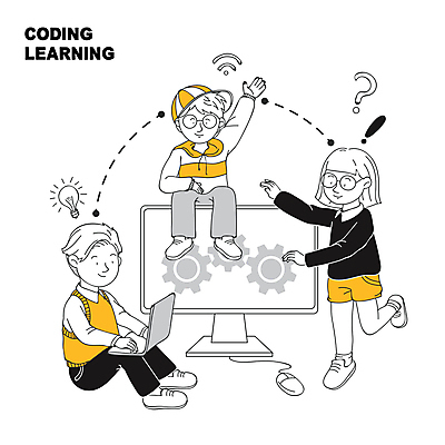 전신 여자 어린이교육 남자 어린이 일러스트 전구 앉기 소녀 소년 세명 노트북 노란색 손들기 모니터 물음표 타이핑 마우스 느낌표 톱니바퀴 어린이만 안경낌 코딩 국내일러스트 AI파일 기호 교육 안경 컬러 모션 사람 전자제품 컴퓨터 컴퓨터용품 컴퓨터교육 파일형식 벡터