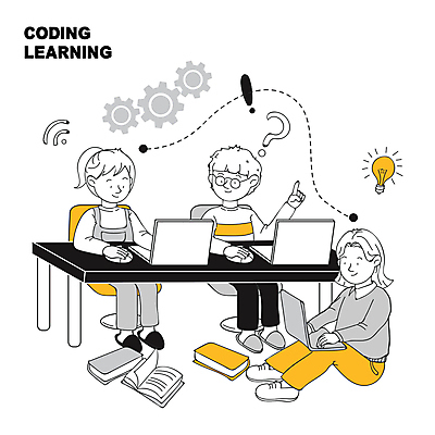 전신 여자 어린이교육 남자 어린이 의자 일러스트 앉기 소녀 소년 책 세명 노트북 노란색 물음표 가리킴 타이핑 잡기 마우스 느낌표 책상 톱니바퀴 어린이만 안경낌 코딩 국내일러스트 AI파일 기호 교육 안경 컬러 가구 모션 사람 손짓 전자제품 컴퓨터용품 컴퓨터교육 파일형식 벡터