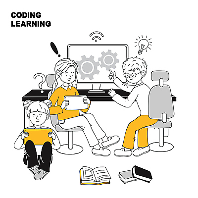 전신 여자 어린이교육 남자 어린이 의자 일러스트 들기 앉기 소녀 소년 책 세명 태블릿 노란색 모니터 물음표 가리킴 느낌표 책상 톱니바퀴 전구모양 어린이만 안경낌 코딩 국내일러스트 AI파일 모양 기호 교육 안경 컬러 가구 전구 모션 사람 손짓 전자제품 스마트기기 컴퓨터 컴퓨터교육 파일형식 벡터