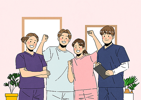 여자 남자 화분 일러스트 함께함 미소 웃음 들기 여러명 상반신 성인 팔짱 파이팅 주먹 환자 정형외과 치료사 성인만 도수치료 국내일러스트 AI파일 직업 다수 컨셉 의학 모션 표정 병원 사람 치료 파일형식 벡터