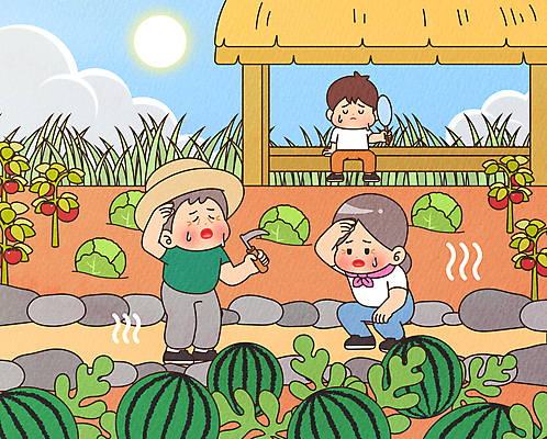 전신 구름 여자 할아버지 노년 남자 할머니 토마토 일러스트 하늘 수박 들기 앉기 성인 세명 여름 태양 농사 농촌 부채 농부 더위 양배추 원두막 낫 부채질 힘듦 무릎구부리기 폭염주의보 땀흘리기 국내일러스트 AI파일 자연요소 직업 계절 포즈 컨셉 농업 채소 과일 모션 날씨 사람 시골 자연재해 파일형식 벡터