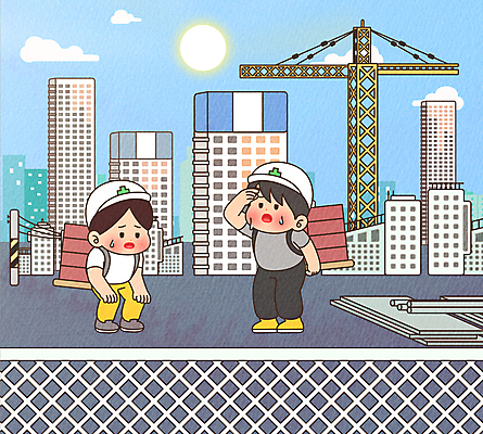 전신 구름 남자 일러스트 하늘 성인 두명 건물 여름 건설현장 더위 안전모 철조망 타워크레인 철골 힘듦 성인남자만 무릎구부리기 폭염주의보 건설근로자 땀흘리기 국내일러스트 AI파일 자연요소 직업 건축물 계절 포즈 컨셉 날씨 건설업 사람 헬멧 안전장비 자연재해 기중기 남자만 성인만 파일형식 벡터