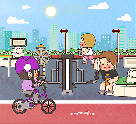 전신 구름 공원 여자 남자 일러스트 하늘 들기 앉기 여러명 성인 여름 태양 걷기 자전거 운동기구 더위 승차 음료수병 자전거도로 힘듦 성인만 폭염주의보 땀흘리기 국내일러스트 AI파일 자연요소 계절 공공시설 다수 컨셉 모션 날씨 사람 바이크 헬스 자연재해 전용도로 병_담는 파일형식 벡터