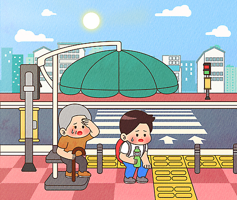 전신 구름 노년 남자 음료 일러스트 지팡이 하늘 들기 성인 두명 건물 여름 횡단보도 더위 신호등 볼라드 힘듦 남자만 무릎구부리기 그늘막 폭염주의보 땀흘리기 국내일러스트 AI파일 자연요소 건축물 계절 포즈 컨셉 모션 날씨 사람 보행로 그늘 자연재해 파일형식 벡터