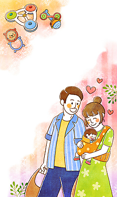 전신 PSD 부부 여자 남자 행복 일러스트 가족 안기 엄마 수채화 웃음 들기 상반신 성인 세명 장난감 화목 육아 하트 아기 아빠 딸랑이 아기띠 국내일러스트 모양 커플 감정 컨셉 관계 모션 표정 사람 아기용품 파일형식