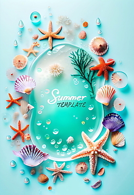 PSD 템플릿 포스터 하늘색 불가사리 프레임 사람없음 여름 물방울 원형 조개껍데기 해초 포스터템플릿 이미지템플릿 도형 계절 조개 극피동물 파란색 해조류 파일형식