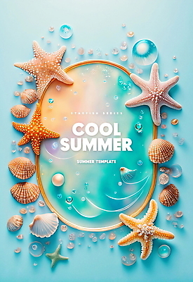 PSD 템플릿 포스터 하늘색 불가사리 프레임 사람없음 여름 물방울 원형 조개껍데기 해초 진주 포스터템플릿 이미지템플릿 도형 계절 조개 극피동물 파란색 해조류 보석 파일형식