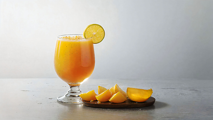 JPG 스튜디오촬영 편집이미지 조각 잔 사람없음 노란색 레몬 망고 나무쟁반 냉음료 망고주스 편집실사 AI포토 AI콘텐츠 식기 음료 컬러 과일 쟁반 실내 목재 과일주스 CG 열대과일 파일형식