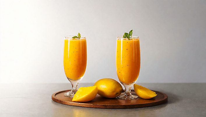 JPG 스튜디오촬영 편집이미지 조각 잔 사람없음 노란색 레몬 민트 망고 나무쟁반 냉음료 망고주스 편집실사 AI포토 AI콘텐츠 식기 음료 컬러 과일 쟁반 실내 목재 과일주스 허브 CG 열대과일 파일형식