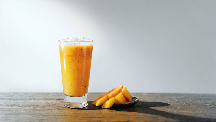 JPG 스튜디오촬영 편집이미지 조각 잔 사람없음 노란색 망고 냉음료 망고주스 편집실사 AI포토 AI콘텐츠 식기 음료 컬러 실내 과일주스 CG 열대과일 파일형식