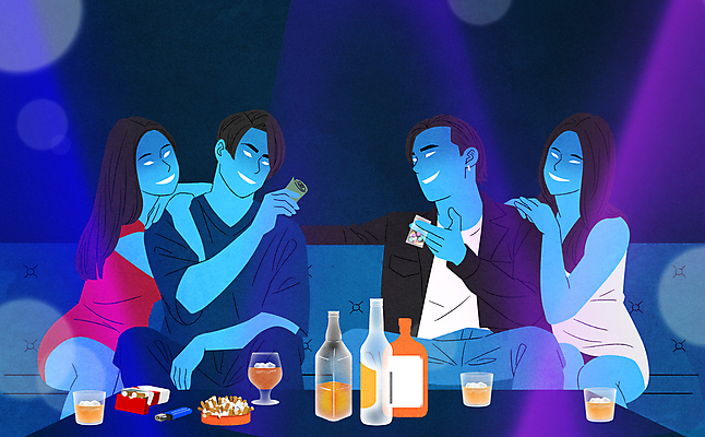 PSD 여자 남자 일러스트 들기 앉기 여러명 상반신 성인 기댐 범죄 사회이슈 클럽 주기 양주 중독 뒷거래 마약 마약중독자 불법 성인만 국내일러스트 다수 컨셉 모션 주류 사람 마약중독 파일형식