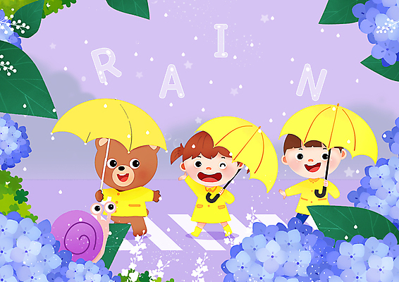 전신 PSD 알파벳 여자 남자 어린이 일러스트 우산 나뭇잎 들기 소녀 소년 두명 손들기 걷기 비 횡단보도 곰캐릭터 달팽이 우비 수국 연보라색 건너기 어린이만 국내일러스트 자연요소 영어 옷 꽃 동물캐릭터 잎 곰 모션 날씨 연체동물 사람 보라색 보행로 파일형식