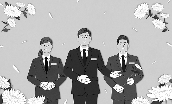 여자 남자 꽃잎 일러스트 국화 미소 들기 정장 손짓 상반신 성인 세명 회색 직원 장례 공손 장례식 성인만 상조 국내일러스트 AI파일 옷 꽃 컬러 모션 표정 사람 파일형식 벡터