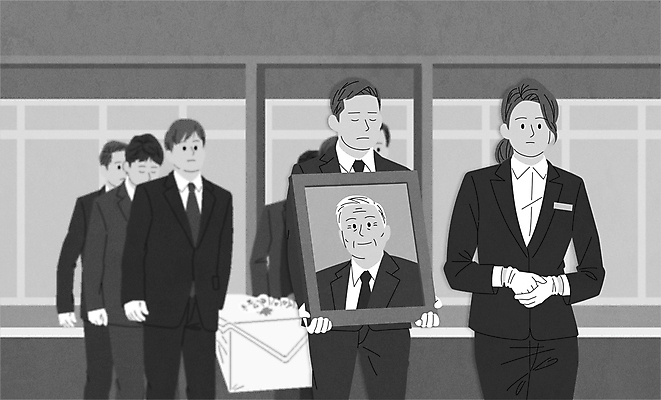 여자 노년 남자 이동 일러스트 국화 들기 정장 여러명 상반신 성인 눈감음 회색 관 애도 장례 공손 상주 영정사진 장례식 운구 상조 국내일러스트 AI파일 옷 꽃 컬러 다수 컨셉 모션 사람 파일형식 벡터