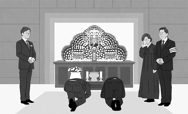 전신 여자 남자 일러스트 국화 서기 들기 정장 여러명 성인 눈감음 회색 절 눈물 손수건 애도 향 손모으기 닦기 장례 공손 상주 영정사진 장례식 제단 성인만 향로_분향 상조 국내일러스트 AI파일 옷 꽃 감정 컬러 다수 모션 사람 손짓 인사 파일형식 벡터