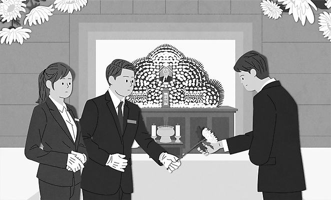 여자 남자 일러스트 국화 들기 정장 상반신 성인 세명 회색 주기 애도 손모으기 장례 공손 영정사진 장례식 성인만 향로_분향 상조 국내일러스트 AI파일 옷 꽃 컬러 모션 사람 손짓 파일형식 벡터