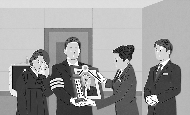 여자 노년 남자 일러스트 들기 정장 여러명 상반신 성인 눈감음 회색 도움 눈물 손수건 애도 손모으기 닦기 장례 공손 명패 상주 영정사진 장례식 상조 국내일러스트 AI파일 옷 감정 컬러 다수 컨셉 모션 사람 손짓 파일형식 벡터