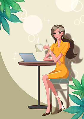 전신 PSD 우먼라이프 원피스 여자 여유 커피 잎 의자 일러스트 장신구 탁자 티타임 한명 들기 앉기 성인 노트북 반짝임 카페 머그컵 하이힐 베이지색 성인여자한명만 국내일러스트 식물 1 라이프스타일 옷 감정 음료 구두 컬러 가구 모션 휴식 사람 컵 전자제품 상점 여성화 여자한명만 성인여자만 파일형식
