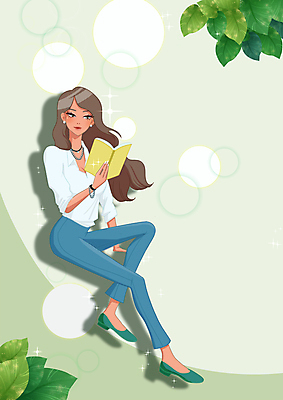 전신 PSD 우먼라이프 긴머리 여자 셔츠 잎 일러스트 장신구 한명 미소 들기 앉기 성인 책 연두색 반짝임 독서 청바지 성인여자한명만 국내일러스트 식물 1 라이프스타일 헤어스타일 상의 바지 모션 표정 사람 초록색 여자한명만 성인여자만 파일형식