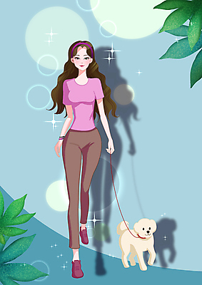 전신 PSD 한마리 우먼라이프 긴머리 여자 반려견 하늘색 잎 일러스트 그림자 한명 들기 성인 반짝임 운동복 걷기 산책 잡기 강아지 목줄 레깅스 성인여자한명만 국내일러스트 식물 1 라이프스타일 헤어스타일 옷 모션 하의 휴식 사람 파란색 반려동물 개 여자한명만 성인여자만 파일형식 반려용품
