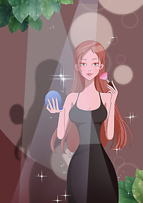 PSD 우먼라이프 긴머리 원피스 여자 잎 일러스트 그림자 한명 들기 상반신 성인 반짝임 화장 뷰티 갈색 스포트라이트 메이크업브러쉬 팩트 성인여자한명만 국내일러스트 식물 1 라이프스타일 헤어스타일 옷 컬러 모션 사람 화장품 붓 여자한명만 성인여자만 파일형식