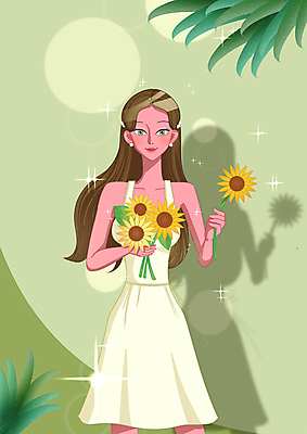 PSD 우먼라이프 긴머리 원피스 여자 부케 잎 일러스트 해바라기 그림자 한명 미소 들기 상반신 성인 연두색 반짝임 뷰티 청순 성인여자한명만 국내일러스트 식물 1 라이프스타일 헤어스타일 옷 꽃 꽃다발 컨셉 모션 표정 사람 초록색 여자한명만 성인여자만 파일형식