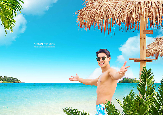 PSD 구름 편집이미지 남자 바다 잎 하늘 팔벌리기 한명 미소 상반신 20대 성인 여름 여름휴가 선글라스 맑음 한국인 파라솔 성인남자한명만 이미지편집 자연요소 식물 1 계절 안경 모션 날씨 휴가 표정 사람 동양인 청년 남자한명만 성인남자만 파일형식 여름_계절