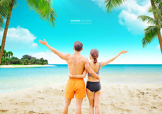 PSD 편집이미지 커플 여자 남자 수영복 바다 허리손 하늘 상반신 20대 성인 해변 두명 여름 파란색 여름휴가 모래사장 야자수 손들기 맑음 한국인 성인만 이미지편집 나무 옷 계절 컬러 포즈 관계 모션 날씨 휴가 사람 동양인 청년 파일형식 여름_계절