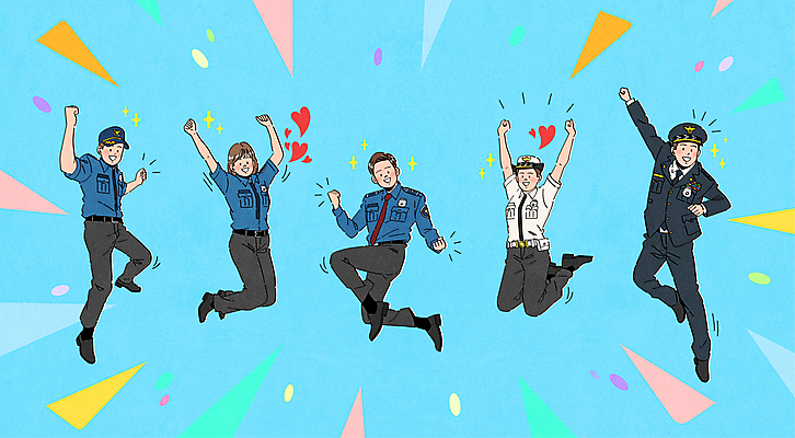 전신 여자 남자 포즈 하늘색 일러스트 웃음 여러명 성인 점프 파이팅 주먹 만세 하트 경찰 즐거움 역동적 경찰복 성인만 국내일러스트 AI파일 모양 직업 감정 다수 컨셉 유니폼 모션 표정 사람 파란색 파일형식 벡터