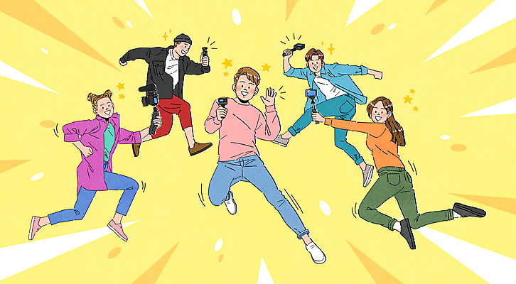 전신 여자 남자 허리손 일러스트 들기 여러명 성인 노란색 카메라 점프 촬영 역동적 손인사 셀카봉 성인만 크리에이터 1인미디어 유튜버 국내일러스트 AI파일 직업 컬러 포즈 다수 컨셉 모션 사람 전자제품 인사 방송 파일형식 벡터