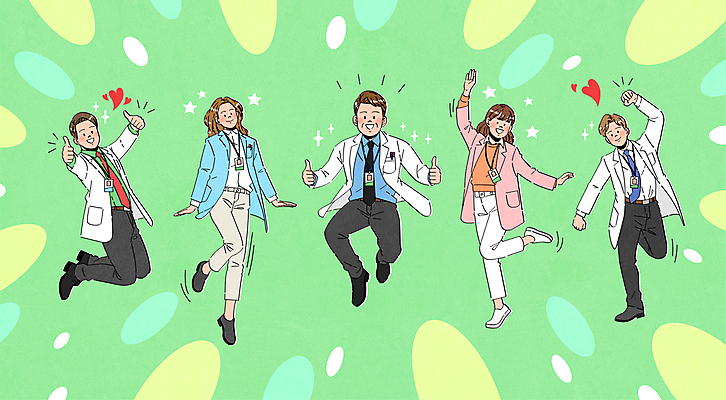 전신 여자 남자 중년 일러스트 손짓 여러명 성인 초록색 점프 주먹 의료진 의사 하트 역동적 따봉 다리들기 국내일러스트 AI파일 모양 직업 컬러 다수 컨셉 의학 모션 사람 최고 파일형식 벡터