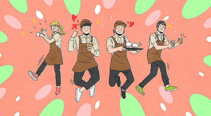 전신 여자 남자 커피 유니폼 일러스트 쟁반 들기 여러명 성인 점프 앞치마 주먹 카페 하트 커피잔 직원 역동적 손인사 바리스타 아르바이트 테이크아웃컵 성인만 코랄 국내일러스트 AI파일 모양 직업 옷 음료 컬러 다수 컨셉 모션 잔 사람 컵 상점 인사 파일형식 벡터