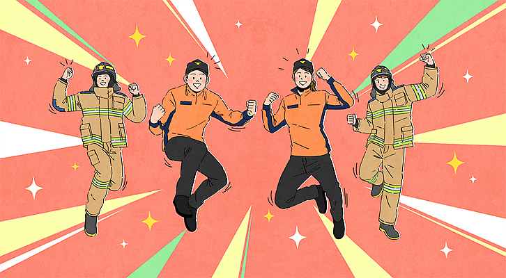 전신 여자 남자 일러스트 여러명 성인 빨간색 반짝임 손들기 점프 파이팅 주먹 소방관 구조원 역동적 119 성인만 방호복 국내일러스트 AI파일 직업 옷 컬러 다수 컨셉 모션 사람 소방 전화번호 파일형식 벡터