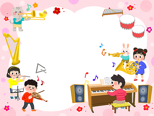 전신 PSD 여자 남자 꽃 어린이 분홍색 연주 일러스트 수업 프레임 들기 앉기 소녀 소년 여러명 고양이 스피커 토끼 원형 피아노 플루트 바이올린 북 트럼펫 하프 실로폰 어린이만 카피스페이스 방과후 국내일러스트 도형 식물 교육 음악 컬러 음향기기 다수 포유류 모션 현악기 타악기 관악기 사람 반려동물 공백 건반악기 금관악기 파일형식