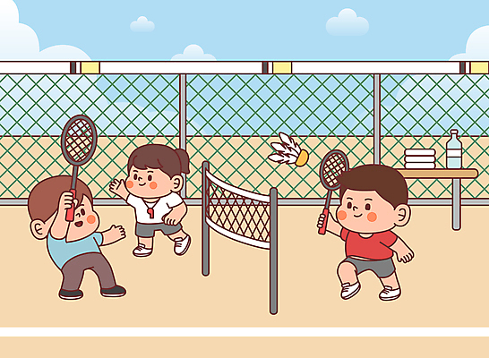 전신 여자 남자 어린이 일러스트 들기 소녀 경기 소년 세명 운동 손들기 경쟁 배드민턴라켓 네트 심판 셔틀콕 배드민턴 철조망 배드민턴선수 배드민턴장 어린이만 국내일러스트 AI파일 스포츠용품 스포츠 컨셉 모션 운동선수 건강 사람 구기 라켓 파일형식 벡터