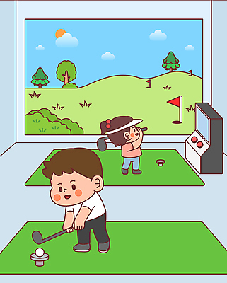 전신 구름 여자 남자 어린이 일러스트 골프장 하늘 골프공 들기 소녀 소년 두명 운동 골프채 골퍼 스윙 골프웨어 골프깃발 스크린골프 스크린골프장 치기 어린이만 국내일러스트 AI파일 자연요소 옷 포즈 골프 공 스포츠시설 모션 운동선수 골프용품 건강 사람 깃발 파일형식 벡터