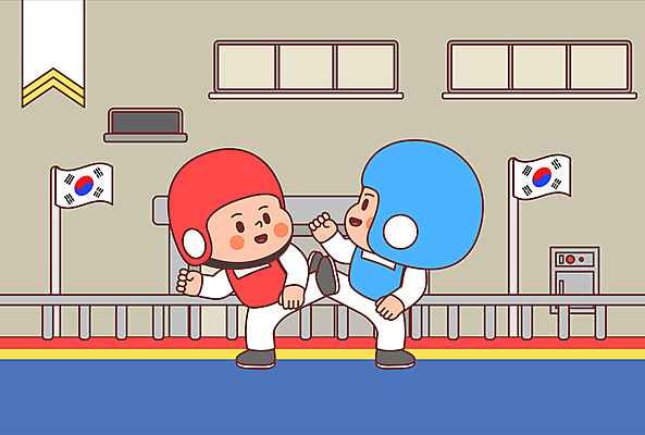 전신 남자 어린이 일러스트 소년 두명 운동 경쟁 주먹 킥 태극기 헬멧 보호장비 태권도 태권도복 태권도선수 소화전 태권도장 소년만 국내일러스트 AI파일 컨셉 모션 운동선수 건강 도복 사람 격투기 장비 국기 안전장비 학원 남자만 어린이만 파일형식 벡터