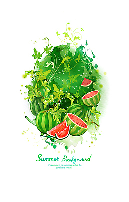 PSD 백그라운드 일러스트 붓터치 수채화 수박 사람없음 초록색 여름 풀잎 덩굴 국내일러스트 식물 계절 컬러 잎 과일 풀_식물 파일형식