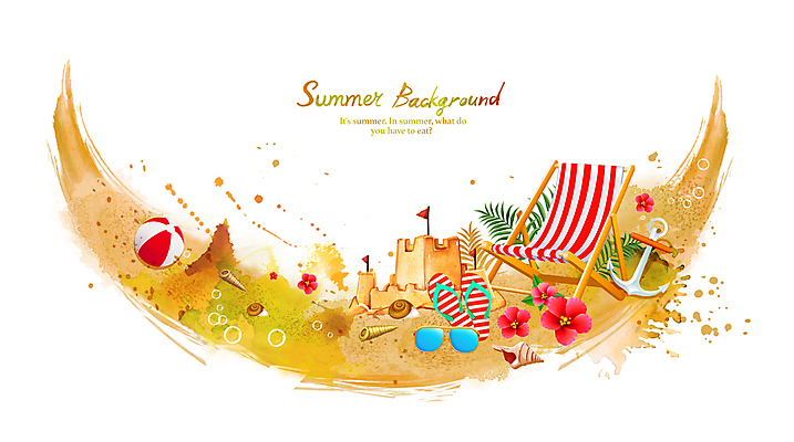 PSD 꽃 모래 백그라운드 잎 일러스트 붓터치 수채화 사람없음 여름 선글라스 쪼리 비치볼 선베드 모래성 닻 베이지색 하와이무궁화 국내일러스트 식물 계절 안경 컬러 의자 공 바캉스용품 샌들 파일형식