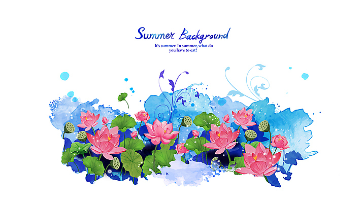 PSD 백그라운드 일러스트 붓터치 수채화 연꽃 사람없음 여름 파란색 연잎 연밥 국내일러스트 계절 꽃 컬러 잎 파일형식