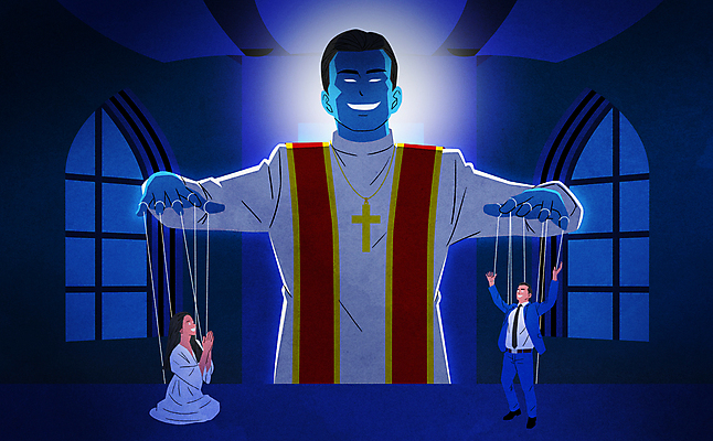 전신 PSD 여자 남자 종교 일러스트 손짓 상반신 성인 세명 만세 기도 속임수 범죄 실 무릎꿇기 신도 사회이슈 손모으기 꼭두각시 성인만 사이비 국내일러스트 컨셉 모션 사람 파일형식