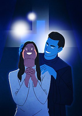 PSD 여자 남자 종교 일러스트 상반신 성인 두명 올려보기 기도 잡기 속임수 범죄 신도 사회이슈 십자 열광 비웃음 십자모양 성인만 어깨에손 사이비 국내일러스트 모양 컨셉 모션 표정 사람 파일형식