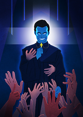 PSD 손 남자 종교 일러스트 한명 성인 신체부위 잡기 속임수 범죄 신도 사회이슈 열광 손뻗기 비웃음 십자가목걸이 성인남자한명만 사이비 국내일러스트 1 컨셉 목걸이 모션 표정 사람 남자한명만 성인남자만 파일형식