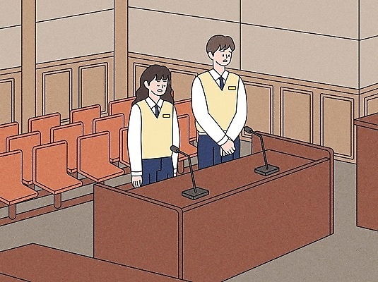 학생 여자 남자 교복 의자 일러스트 청소년 말하기 서기 상반신 두명 눈감음 찡그림 마이크 재판 손모으기 법원 단상 공손 재판소 십대만 국내일러스트 AI파일 옷 음향기기 가구 모션 표정 사람 손짓 법 파일형식 벡터