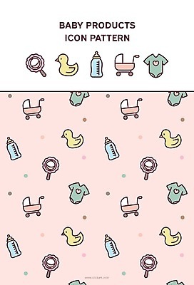 백그라운드 패턴 일러스트 사람없음 장난감 아기용품 젖병 유모차 딸랑이 유아복 연분홍색 오리인형 국내일러스트 AI파일 옷 인형 분홍색 무늬 오브젝트 파일형식 벡터