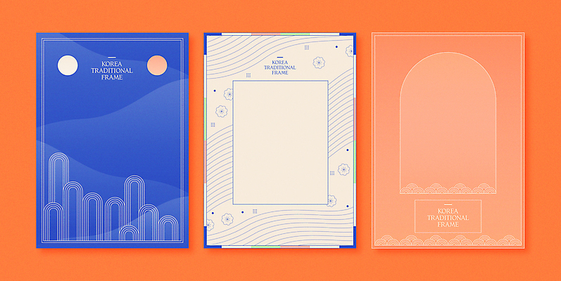 디자인 선 일러스트 프레임 사람없음 그래픽 파란색 세트 전통문양 유행 주황색 테두리 국내일러스트 AI파일 전통 문양 컬러 파일형식 벡터
