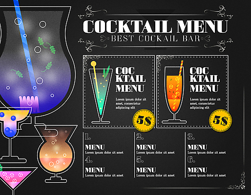 문자 일러스트 빨대 사람없음 컬러풀 검은색 다양 칵테일 고급 메뉴 칵테일잔 메뉴판 국내일러스트 AI파일 컬러 다수 컨셉 술잔 주류 파일형식 벡터