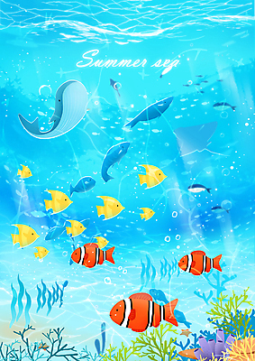 PSD 물결 하늘색 일러스트 사람없음 여름 바닷속 수중식물 산호 고래 열대어 물거품 가오리 흰동가리 국내일러스트 식물 계절 포유류 어류 파란색 수중 수중동물 거품 자포동물 파일형식